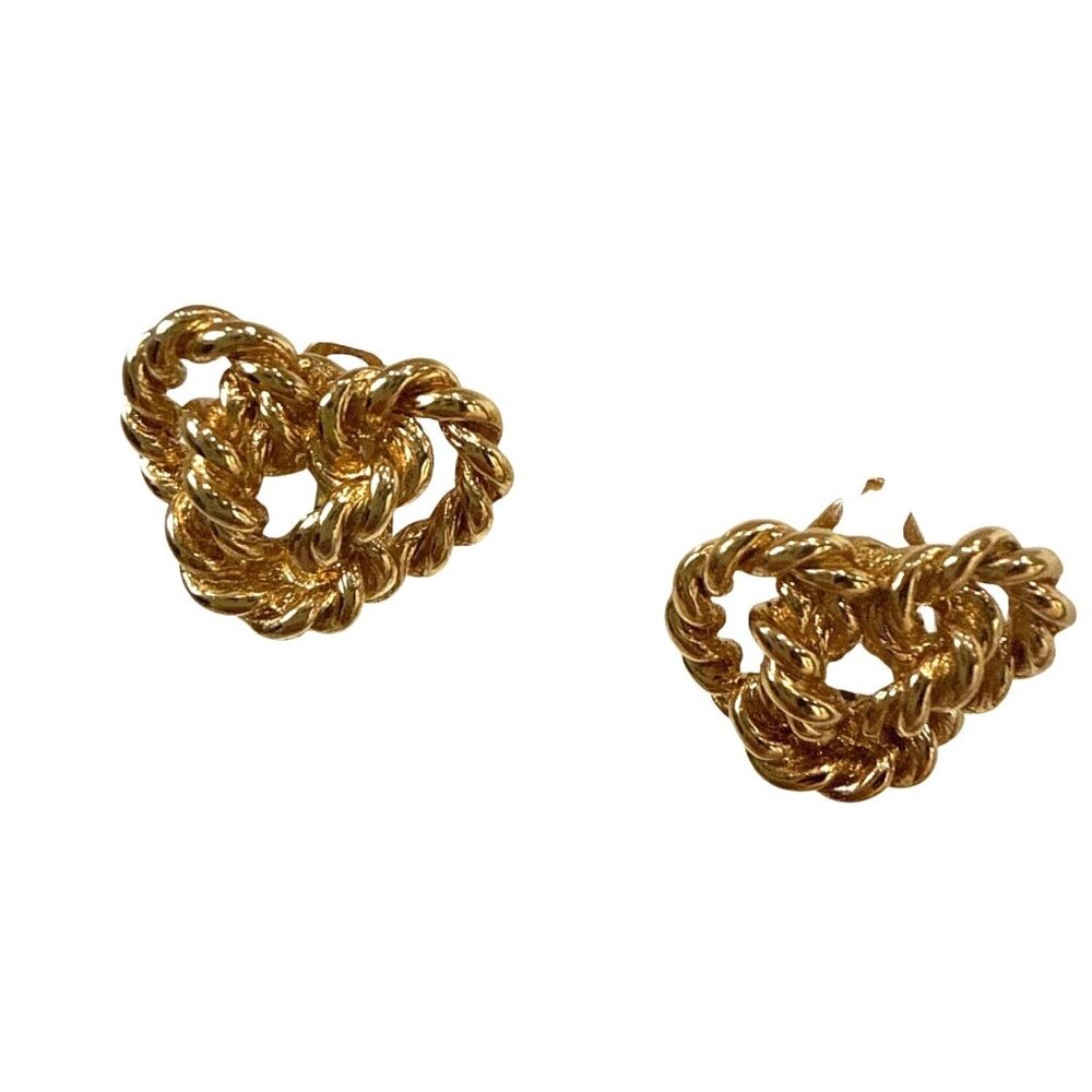 Vintage Gold Tone Heart Knot Clip-On Earrings Twisted Rope Design Retro Style Va